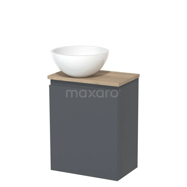 Grauer Badschrank mit Holzoptik Platte, weißem runden Aufsatzwaschbecken; modernes Design; ideal für eine stilvolle Badezimmer Einrichtung.