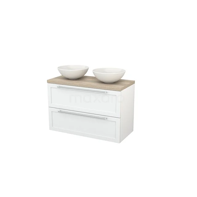Modulo+ Plato Vanity units for countertop basin | 100 cm High-gloss white Frame front Oak worktop 2 Stacked drawers BMK001915 White bathroom unit with two drawers, wooden worktop and double countertop wash basins, ideal for a modern bathroom design.