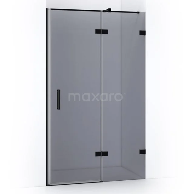 Glass shower door with black frame and hinges, sleek design, ideal for modern bathroom decor.