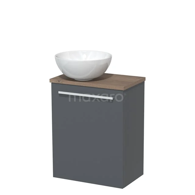 Toiletmeubel met waskom | 41 cm Donkergrijs Vlak front Hoogglans wit Keramiek waskom Middenbruin eiken blad TMK10-04527