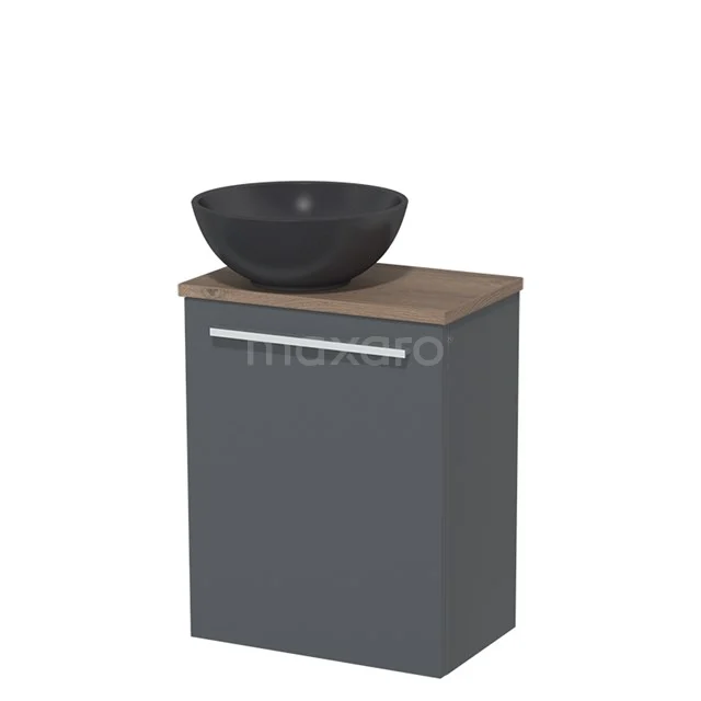 WC-Möbel mit Aufsatzwaschbecken | 41 cm Dunkelgrau Glatte Front Matt Schwarz Quarz Aufsatzwaschbecken Mittelbraune Eiche TMK10-04531 Grau Badmöbel mit Holz Platte und schwarzem komformigen Waschbecken, modernes Design für stilvolle Badezimmergestaltung.