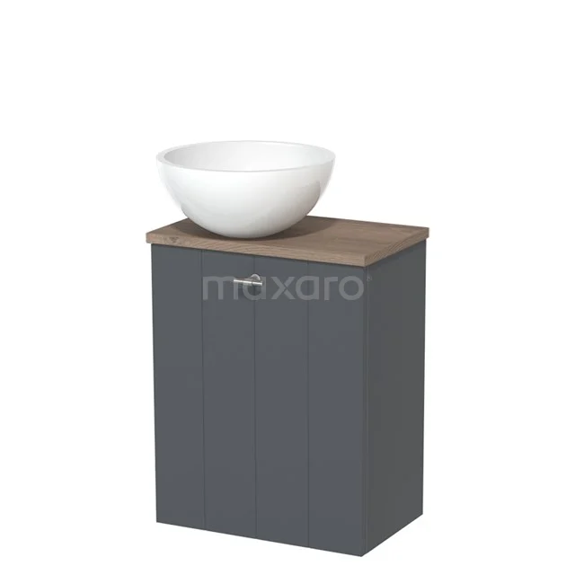 Grey bathroom unit with wooden top and white, round countertop wash basin; compact design, ideal for modern bathrooms.