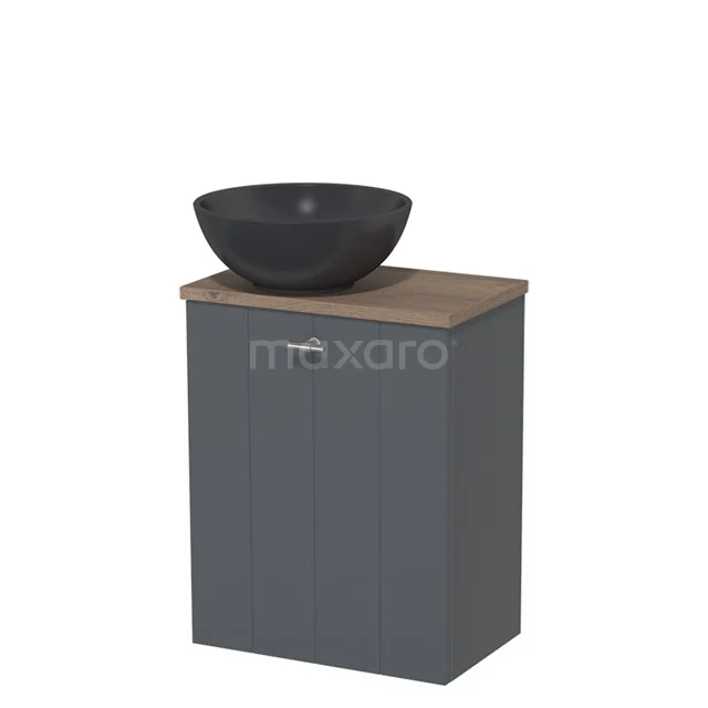 Toiletmeubel met waskom | 41 cm Donkergrijs Lamel front Mat zwart Quartz waskom Middenbruin eiken blad TMK10-04536