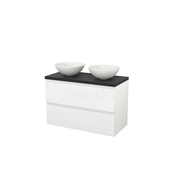 Modulo+ Plato Vanity units for countertop basin | 100 cm High-gloss white front Carbon worktop 2 Stacked drawers BMK001920 White bathroom furniture set with double basin in black and ceramic countertop wash basins, sleek design for a modern bathroom.