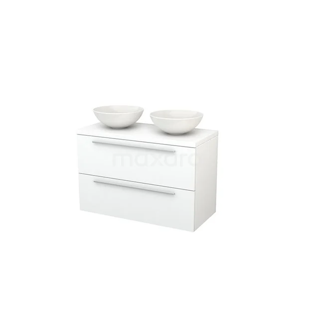 White double vanity unit with two ceramic countertop wash basins, sleek design and spacious drawers for optimal bathroom storage.