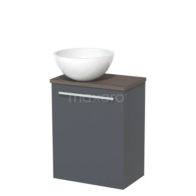 WC-Möbel mit Aufsatzwaschbecken | 41 cm Dunkelgrau Glatte Front Hochglanz Weiß Mineralguss Aufsatzwaschbecken Dunkelbraune Eiche Platte TMK10-05942 Grauer Badschrank mit Holzplatte und rundem weißen Aufsatzwaschbecken; modernes Design, ideal für kompakte Bäder.