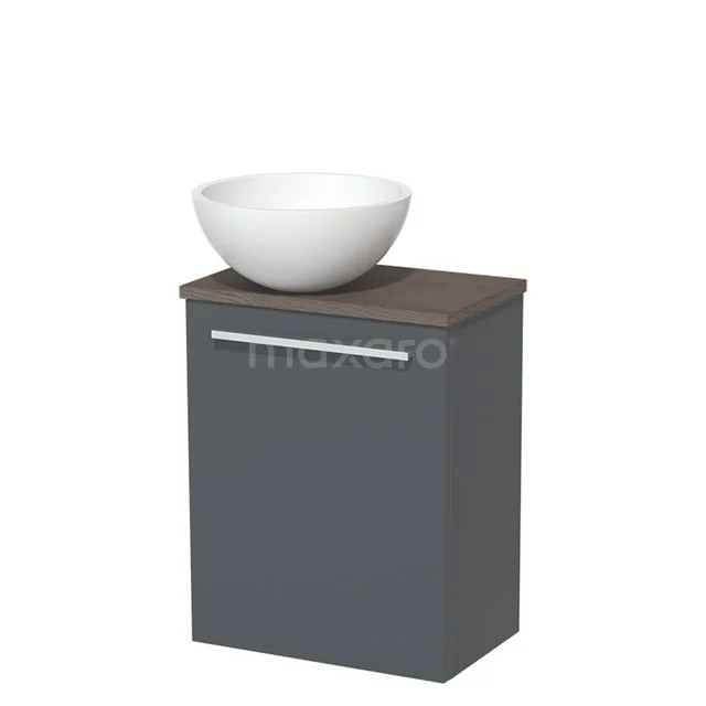 WC-Möbel mit Aufsatzwaschbecken | 41 cm Dunkelgrau Glatte Front Matt Weiß Solid Surface Aufsatzwaschbecken Dunkelbraune Eiche Platte TMK10-05943 Grauer Badschrank mit Holzoptik Platte, weißem keramischen Aufsatzwaschbecken und chromfarbigem Haltegriff, kompaktes Design für moderne Bäder.