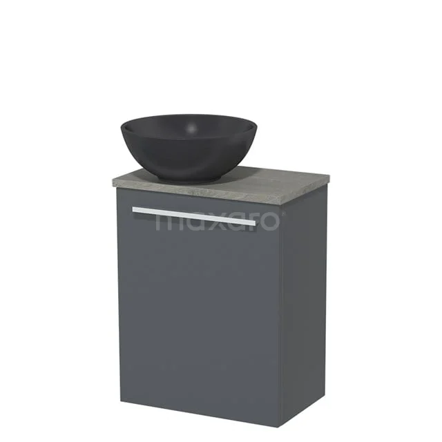 Graue Badmöbelset mit schwarzem, schalenförmigem Waschbecken, schlanker Metallhaltegriff und mattem Oberflächen, ideal für moderne Bäder.