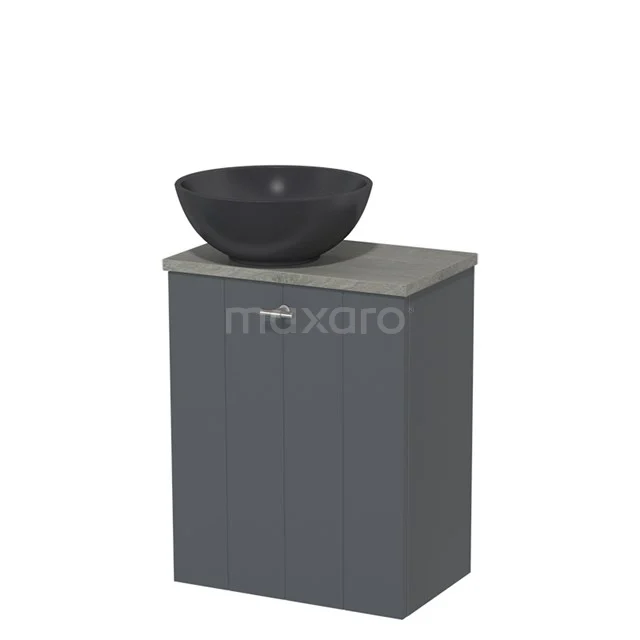 Grey bathroom cabinet with black round countertop wash basin, modern design, ideal for compact bathrooms.