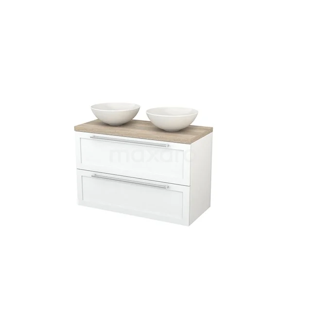 White bathroom unit with two countertop wash basins, wooden worktop and soft-close drawers, ideal for a modern bathroom.
