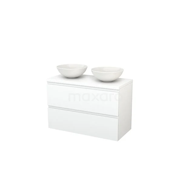 Modulo+ Plato Vanity units for countertop basin | 100 cm Matte white Handle-less front Matte white worktop 2 Stacked drawers BMK001942 White bathroom unit with two ceramic surface-mounted vanity basins and two drawers, modern design for a stylish bathroom.