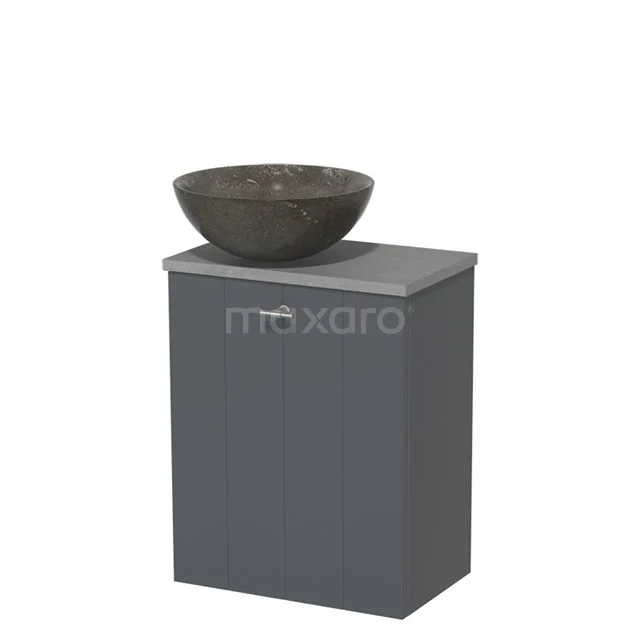 Grey wooden bathroom furniture set with natural stone countertop wash basin, compact design for modern bathrooms.