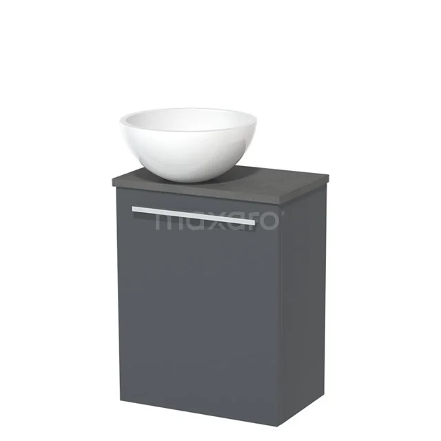 WC-Möbel mit Aufsatzwaschbecken | 41 cm Dunkelgrau Glatte Front Hochglanz Weiß Mineralguss Aufsatzwaschbecken Dunkelgrauer Beton Platte TMK10-06002 Grauer Badschrank mit weißem keramischen Waschbecken, moderne Verarbeitung und kompaktem Design, ideal für kleine Bäder.