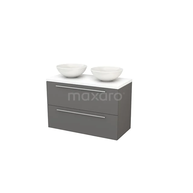 Grey bathroom furniture set with double basin, modern design, two white oval basins and sleek silver handles.