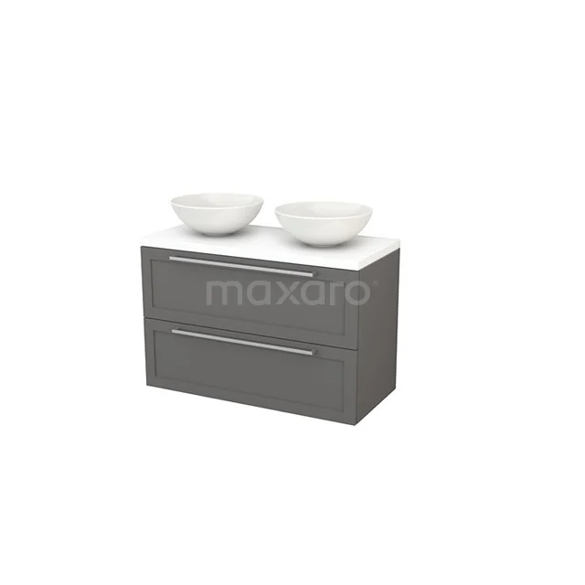 Grey hanging bathroom unit with double white countertop wash basins, sleek design, 2 drawers and modern width.