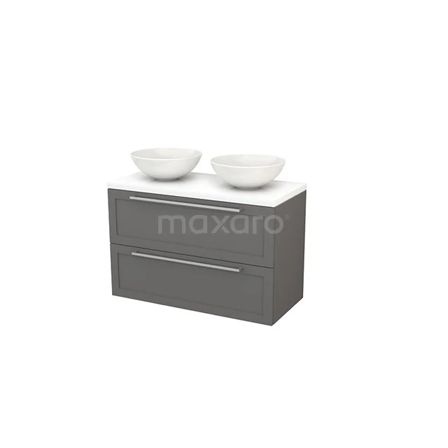 Grey bathroom furniture set with two white basin bowls, sleek design and soft-close drawers, ideal for modern bathroom style.
