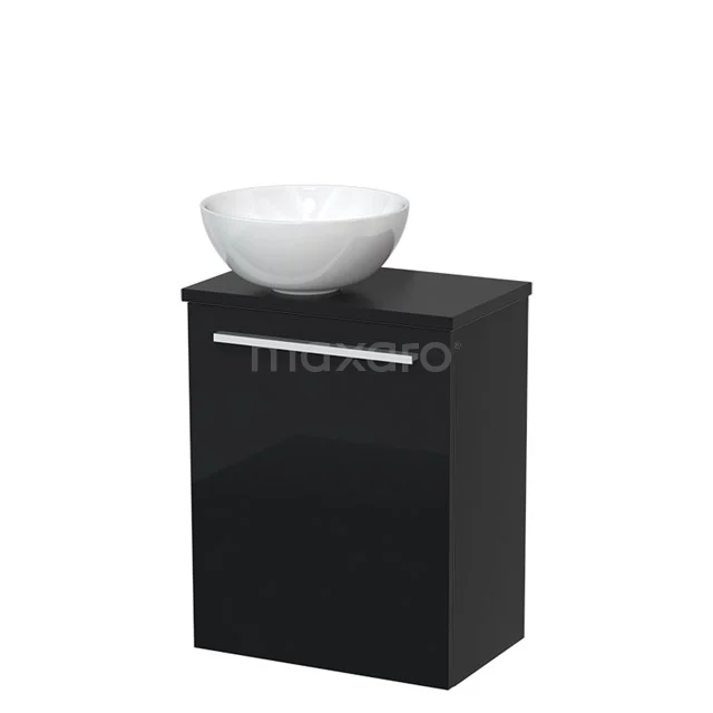 Toilet unit with wash basin | 41 cm Flat front High-gloss black High-gloss white Ceramic Countertop wash basin Matte black worktop TMK10-04731 Black bathroom cabinet with glossy finish and white countertop basin, compact design ideal for small bathrooms.
