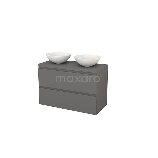 Modulo+ Plato Vanity units for countertop basin | 100 cm Basalt Handle-less front Basalt worktop 2 Stacked drawers BMK001959 Grey bathroom unit with two white countertop wash basins, modern design and sleek drawers, ideal for a stylish bathroom.