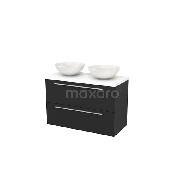 Modulo+ Plato Vanity units for countertop basin | 100 cm Matte white front Matte white worktop 2 Stacked drawers BMK001960 Black bathroom furniture set with two white countertop wash basins, modern design, featuring two drawers and a high-gloss finish.