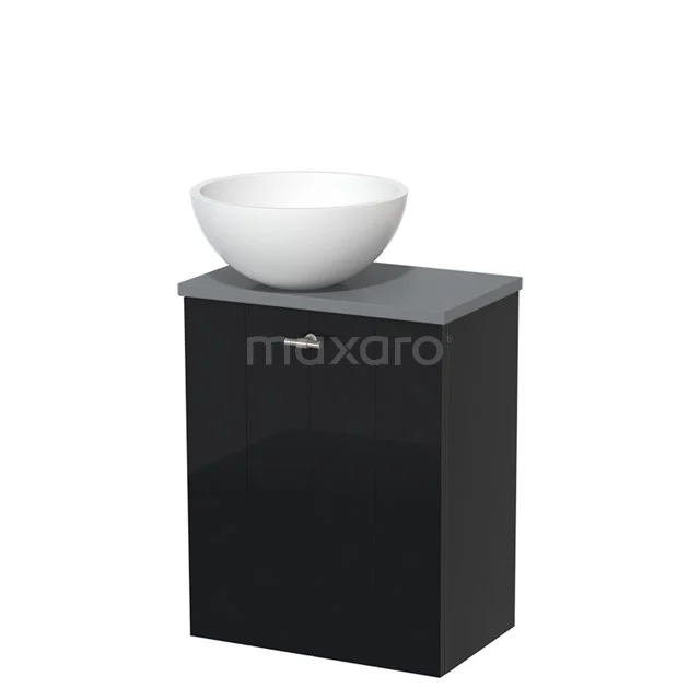 Toilet unit with countertop wash basin | 41 cm High-gloss black Lamel front Matte white Solidtop wash basin Mid grey worktop TMK10-01581 Black bathroom unit with ceramic vanity units for countertop wash basin, modern design and glossy finish for a stylish bathroom environment.