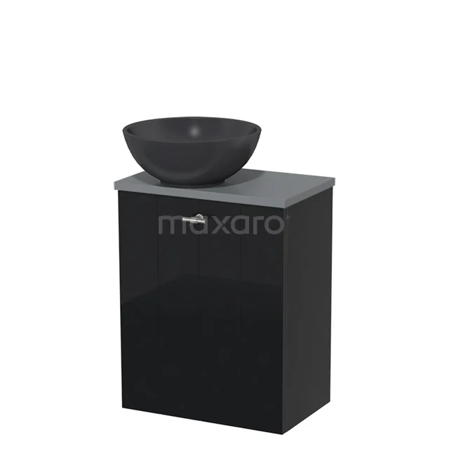 Toiletmeubel met waskom | 41 cm Hoogglans zwart Lamel front Mat zwart Quartz waskom Middengrijs blad TMK10-01582