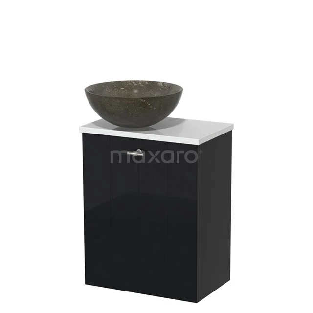 Toiletmeubel met waskom | 41 cm Hoogglans zwart Lamel front Blue stone Natuursteen waskom Hoogglans wit blad TMK10-06046