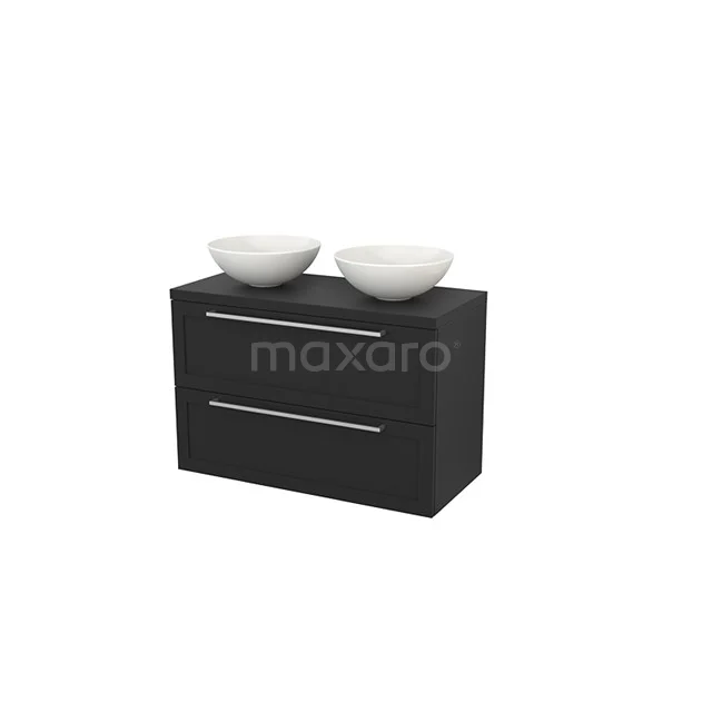 Vanity units for countertop wash basin 100cm Modulo+ Plato Carbon 2 Drawers Frame BMK001968 Black bathroom furniture set with double ceramic basins, sleek design and chrome handles for modern bathrooms.