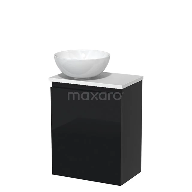 Black bathroom cabinet with white ceramic countertop wash basin, modern design and glossy finish, ideal for elegant bathrooms.