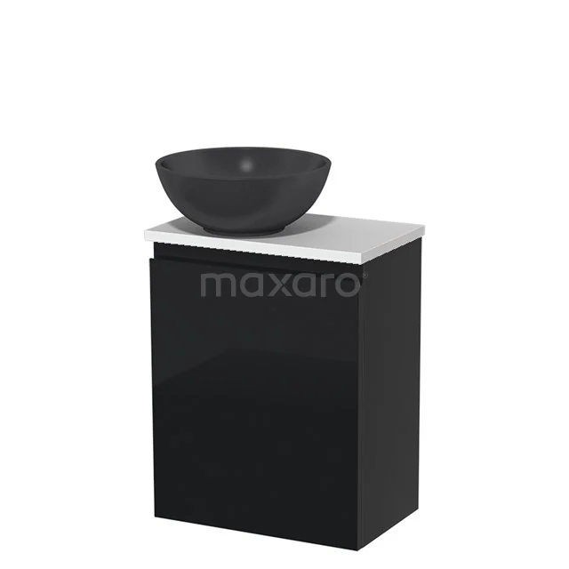 Black bathroom unit with white vanity units with basin and round, anthracite-coloured basin; modern design for stylish bathrooms.