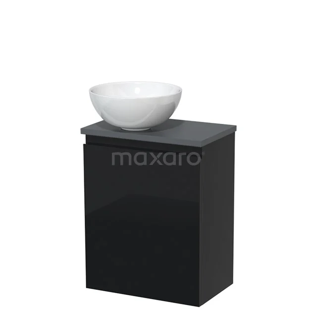 Toilet unit with countertop wash basin | 41 cm High-gloss black Handleless front High-gloss white Ceramic wash basin Dark grey worktop TMK10-01643 Black bathroom cabinet with glossy finish and white bowl-shaped basin; compact design ideal for modern bathroom spaces.