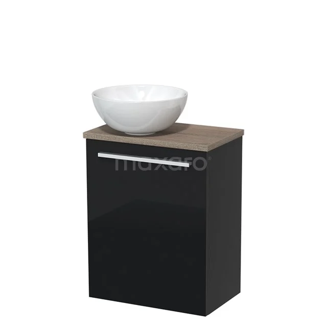 Toilet unit with wash basin | 41 cm Flat front Flat front High-gloss white Ceramic worktop Ceramic worktop Oak worktop TMK10-01653 Black bathroom unit with wooden worktop and white countertop wash basin, modern design and glossy finish for a stylish bathroom.