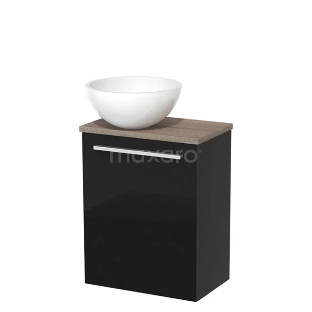 Black bathroom cabinet with glossy finish, wooden worktop and white ceramic countertop wash basin. Modern design for stylish bathrooms.