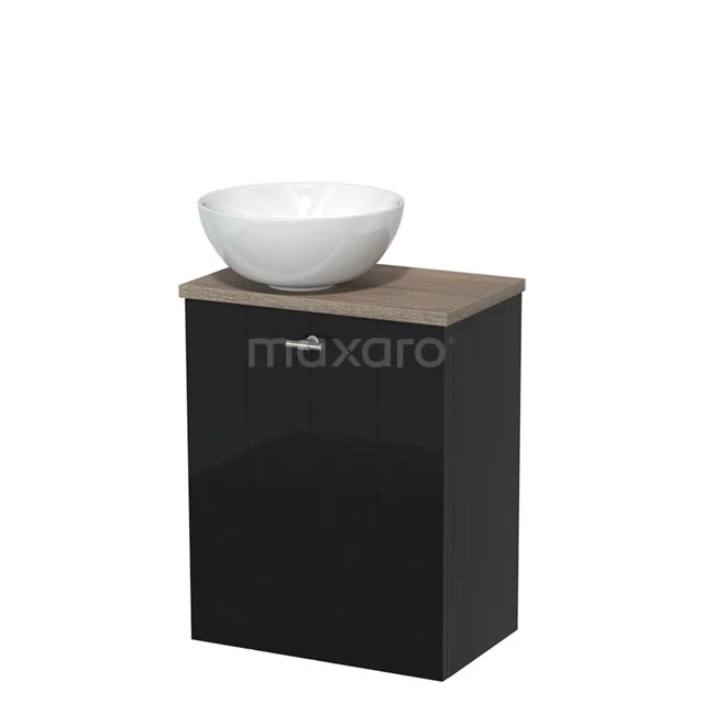 Toiletmeubel met waskom | 41 cm Hoogglans zwart Lamel front Hoogglans wit Keramiek waskom Eiken blad TMK10-01658