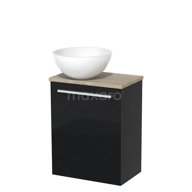 Schwarz glänzendes Badmöbel mit Holzlook Platte und weißem runden Aufsatzwaschbecken, kompaktes Design perfekt für moderne Bäder.