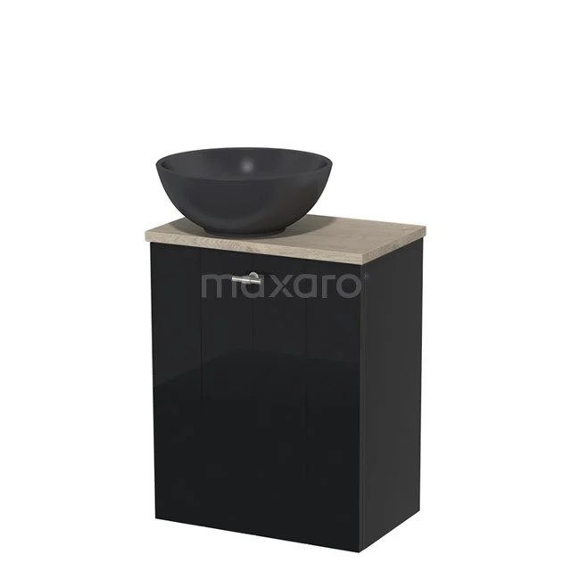 Toiletmeubel met waskom | 41 cm Hoogglans zwart Lamel front Mat zwart Quartz waskom Lichtgrijs eiken blad TMK10-06129