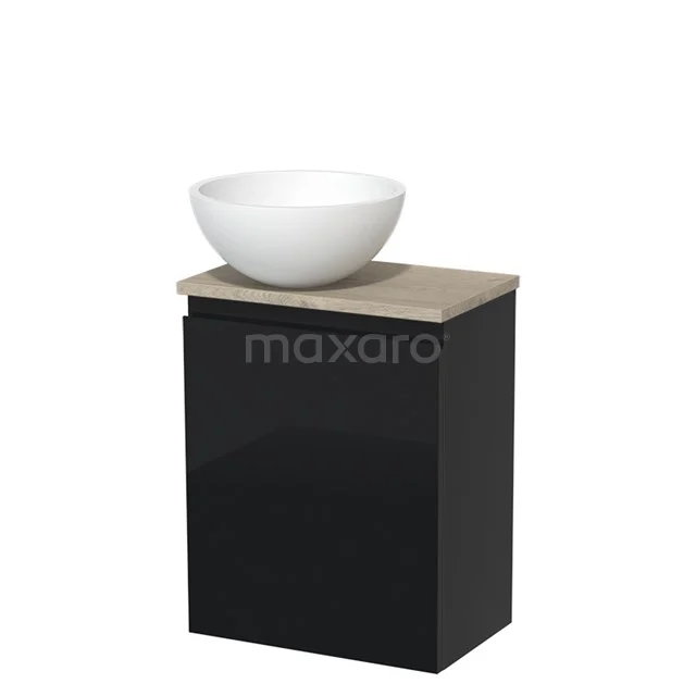 Black bathroom unit with wood-look worktop and white ceramic countertop wash basin, compact design for modern bathrooms.