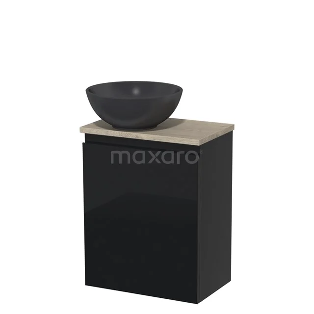 Toiletmeubel met waskom | 41 cm Hoogglans zwart Greeploos front Mat zwart Quartz waskom Lichtgrijs eiken blad TMK10-06134