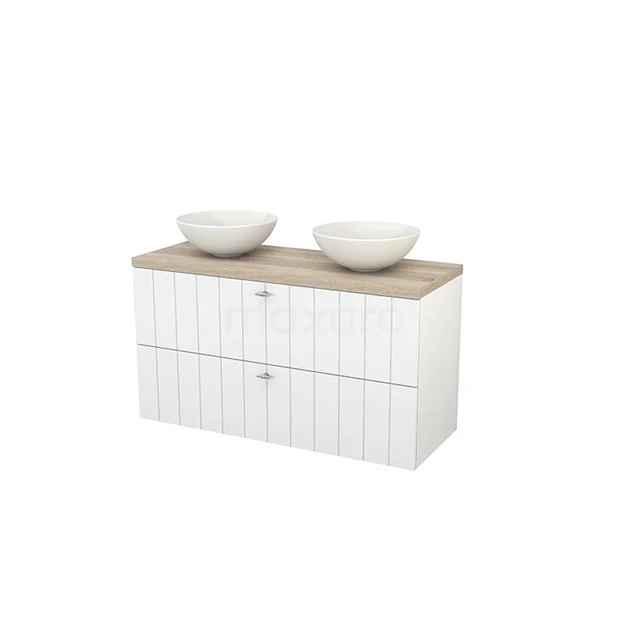 White wooden bathroom unit with two countertop wash basins, an oak worktop and panel doors; stylish and practical for any bathroom.