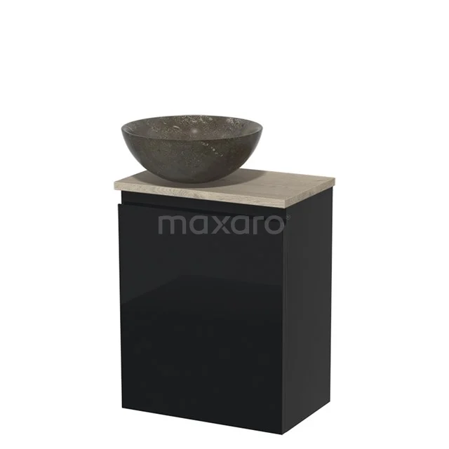 Black Bathroom unit with glossy finish, beige basin worktop and round natural stone countertop wash basin, ideal for modern bathrooms.