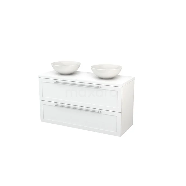 Modern white bathroom furniture set with two bowls, smooth fronts and metal handles, ideal for a stylish bathroom.