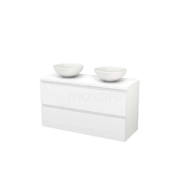 White vanity unit with double countertop wash basin, modern design, two drawers, sleek finish for stylish bathroom design.
