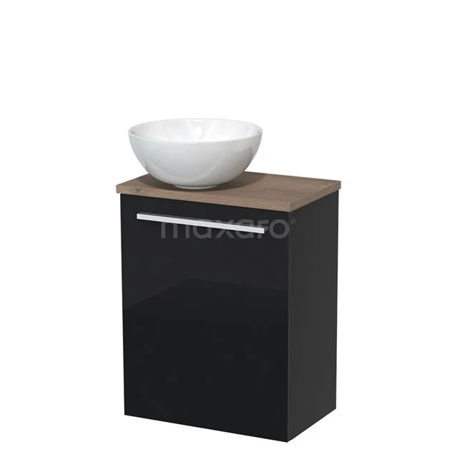 Black bathroom unit with wooden worktop and white bowl-shaped sink, modern design matching any stylish bathroom.