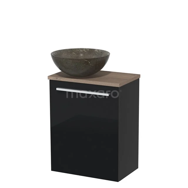 Black bathroom unit with wooden worktop and grey natural stone countertop wash basin, stylish and compact design for modern bathrooms.