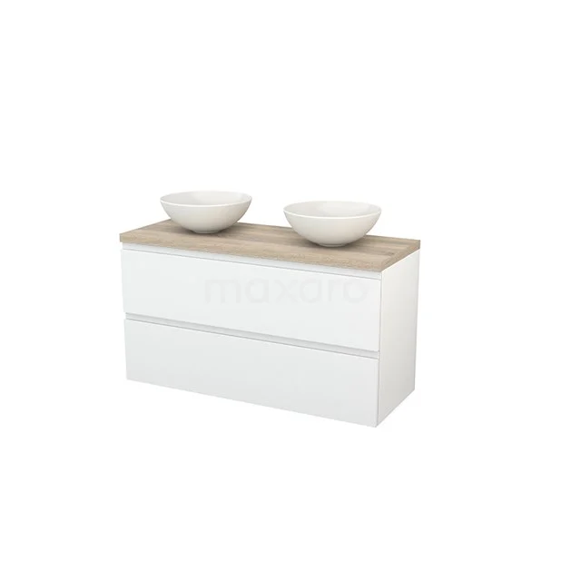 White bathroom unit with wood-look worktop, two round countertop wash basins, designer style, perfect for modern bathroom decor.