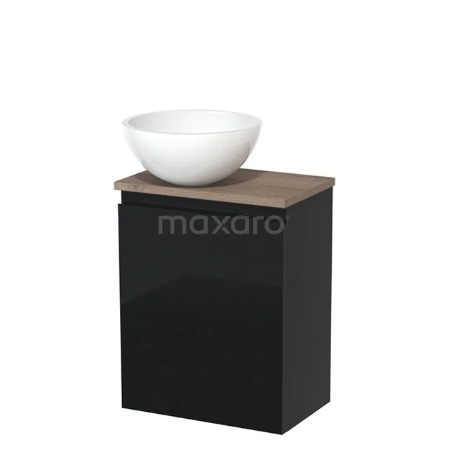 Toilet unit with countertop wash basin | 41 cm High-gloss black Handleless front High-gloss white Mineral marble basin Mid brown oak worktop TMK10-04564 Black suspended bathroom unit with wooden worktop and white ceramic countertop wash basin, ideal for modern bathroom fittings.
