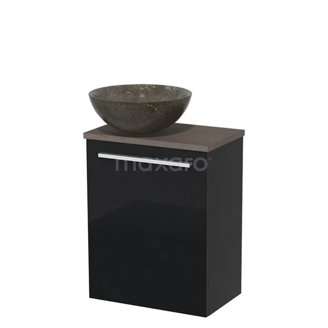 Toilet unit with wash basin | 41 cm High-gloss black Flat front Blue stone Natural stone countertop wash basin Dark brown oak worktop TMK10-06141 Black bathroom cabinet with wooden worktop and natural stone countertop wash basin, modern design and suitable for small bathrooms.