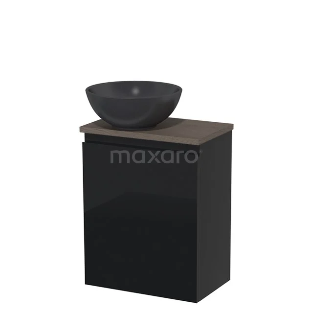 Toiletmeubel met waskom | 41 cm Hoogglans zwart Greeploos front Mat zwart Quartz waskom Donkerbruin eiken blad TMK10-06154