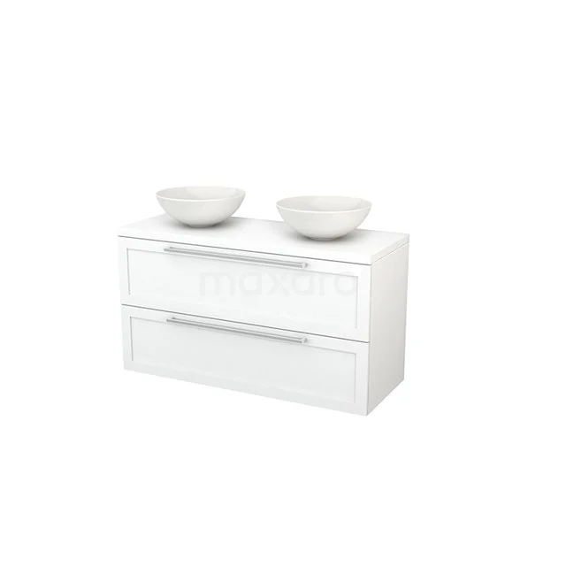 Modulo+ Plato Vanity units for countertop basin | 120 cm Matte white Frame front Matte white worktop 2 Stacked drawers BMK002026 White bathroom unit with two drawers, porcelain countertop basins and chrome handles, ideal for modern bathrooms.
