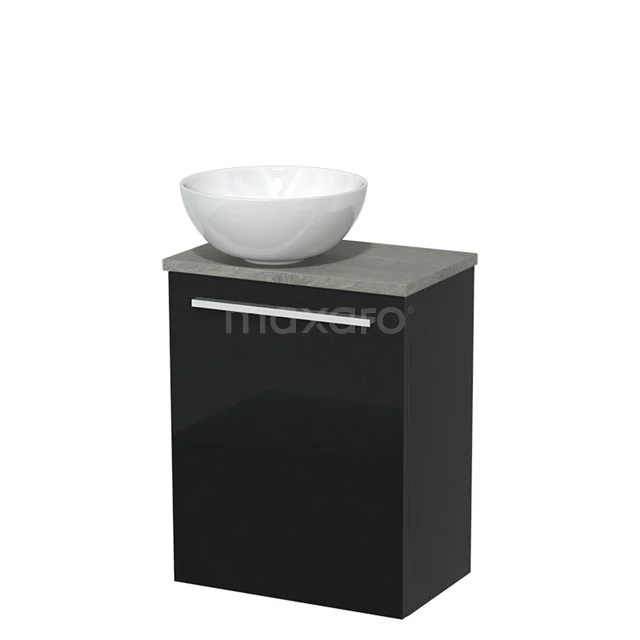 Black bathroom unit with white basin worktop, grey top and glossy finish, ideal for modern bathrooms.