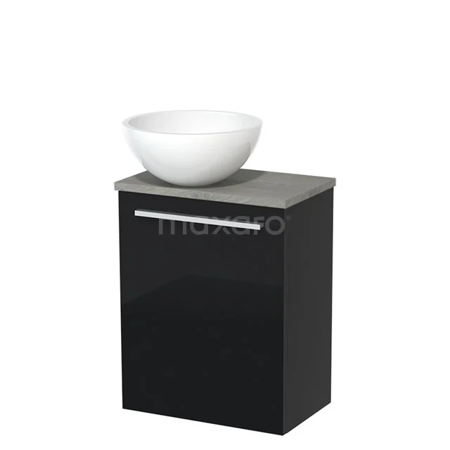 Toilet unit with countertop wash basin | 41 cm High-gloss black Flat front High-gloss white Mineral marble basin Grey oak worktop TMK10-01755 Black bathroom cabinet with concrete-look worktop, white bowl-shaped basin; modern design ideal as stylish bathroom storage.